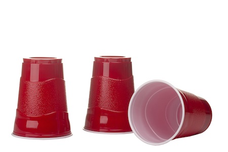 “Red American party cups”, otherwise known as solo cups, otherwise known as what they sell at the dollar store.