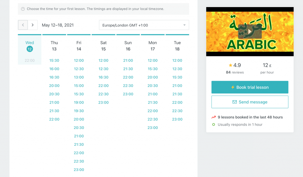 An online language tutor's schedule