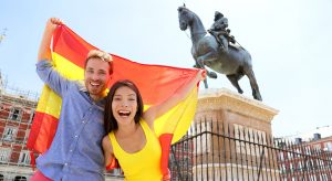 Madrid people showing Spain flag on Plaza Mayor