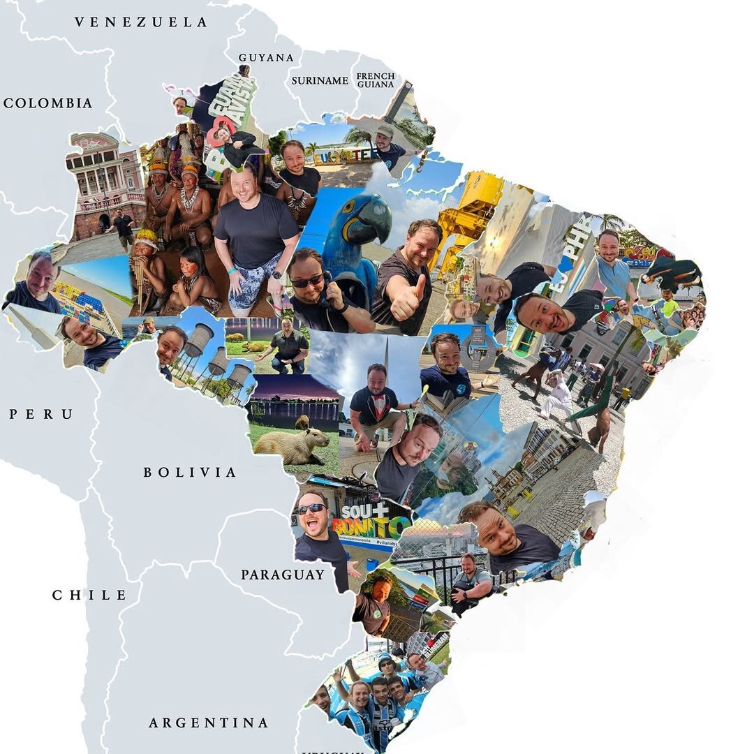 Map of Brazil filled with a photo collage of Benny's travels in all 26 Brazilian states