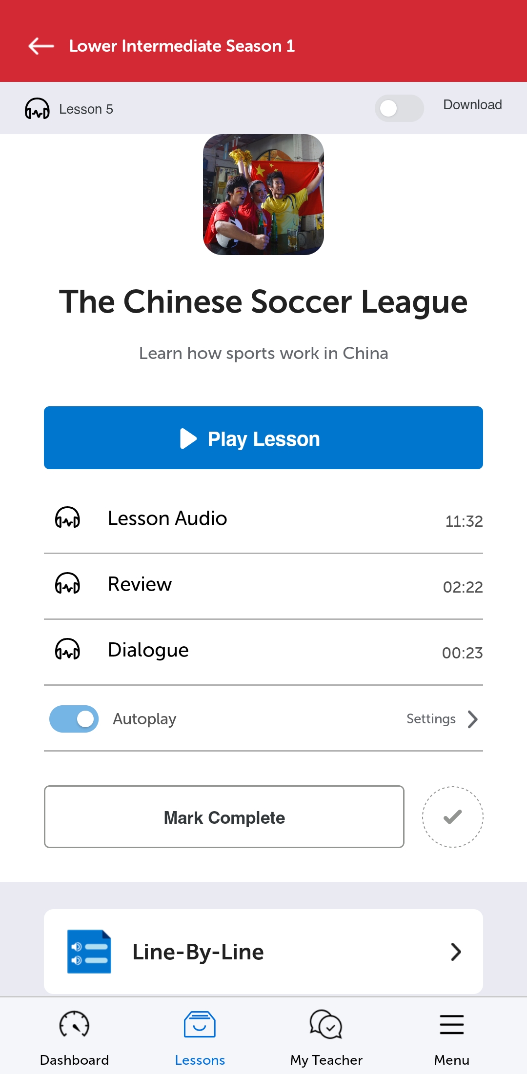 A ChineseClass101 lesson open in the mobile app, with the audio player and lesson tracks