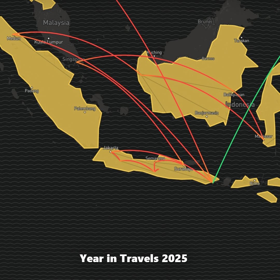 Map of Indonesia showing Benny's 2025 travel routes across the western islands