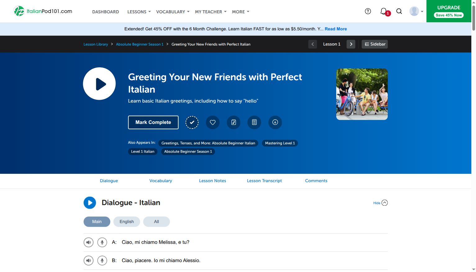 Inside an ItalianPod101 lesson: dialogue with line-by-line audio and the lesson tabs