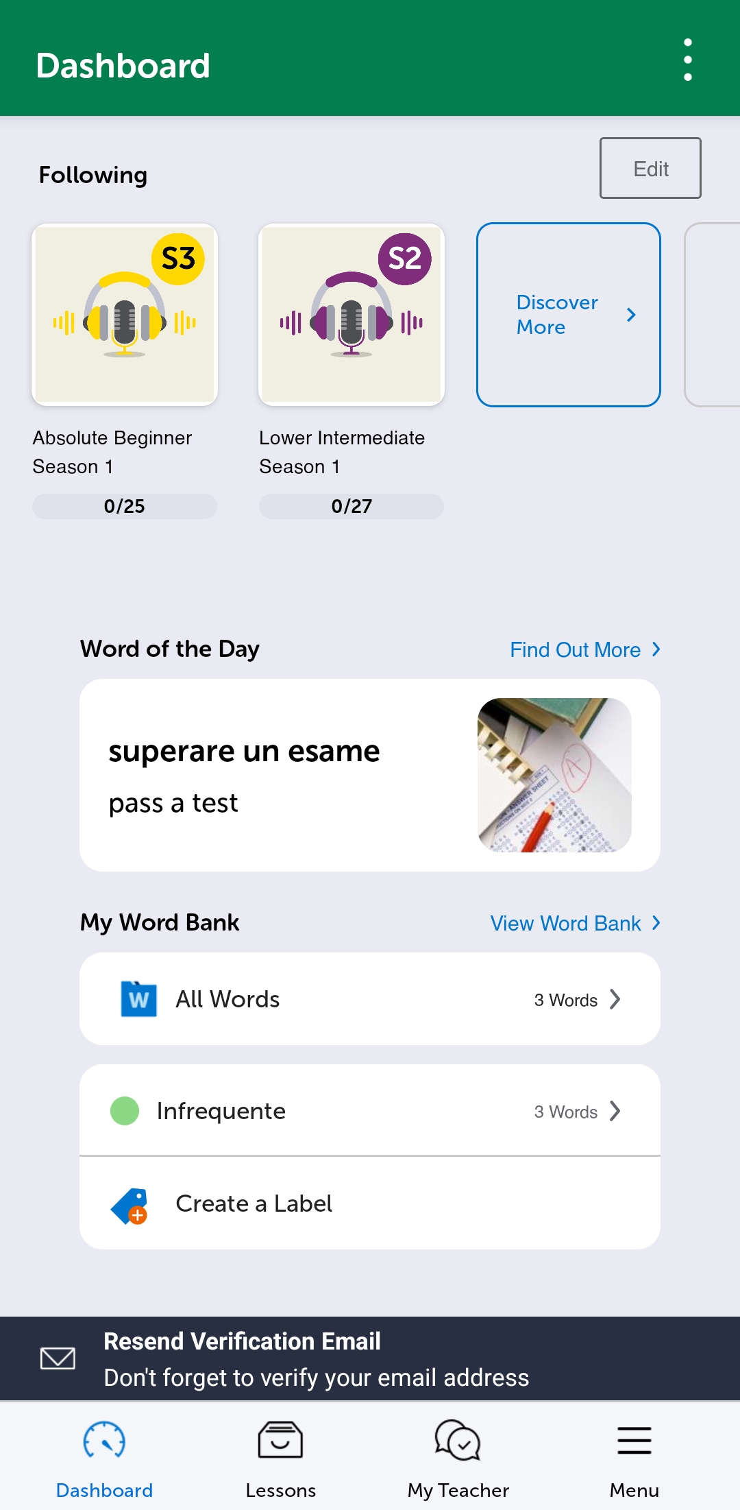 ItalianPod101 home screen on the Innovative Language mobile app