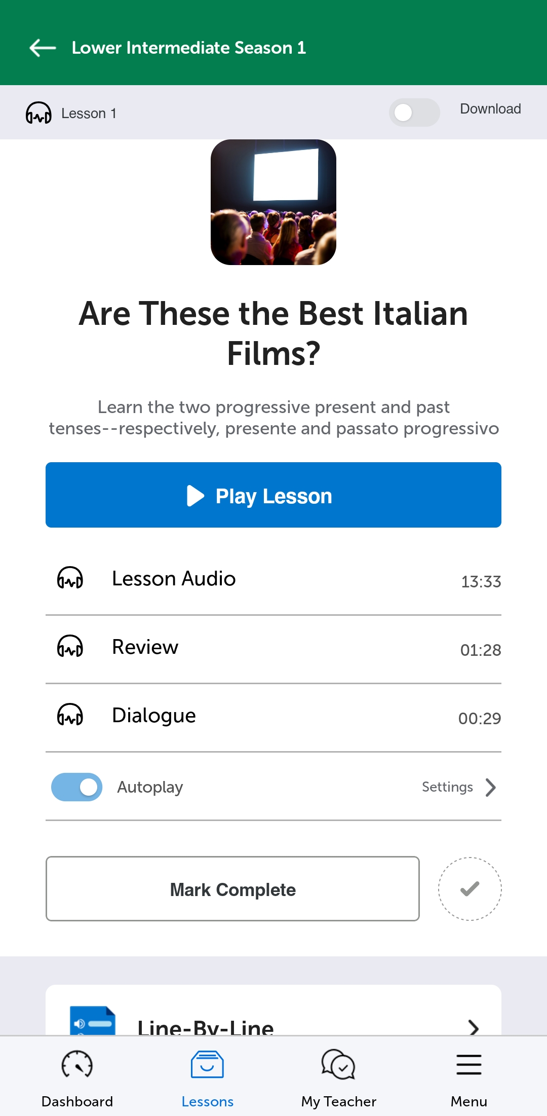 A ItalianPod101 lesson open in the mobile app