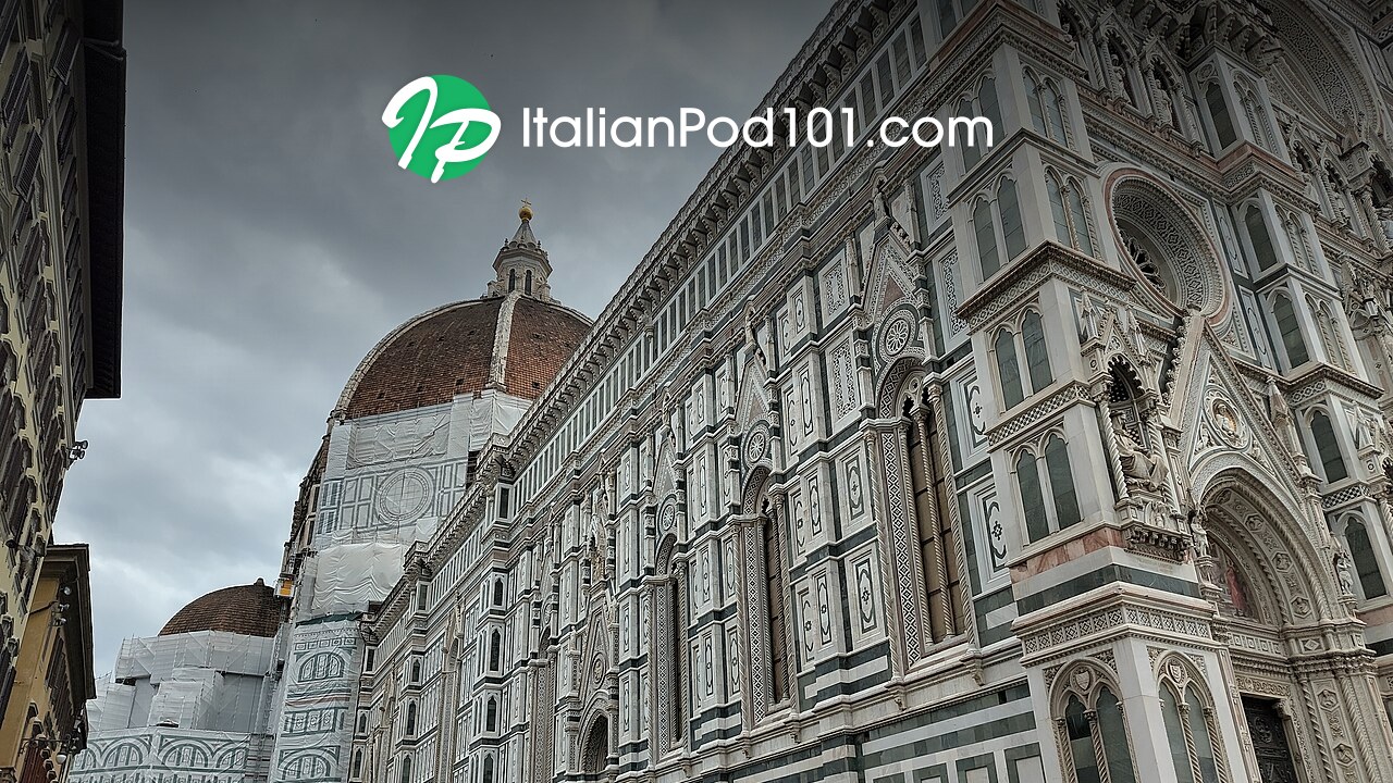 ItalianPod101 logo over the Florence Duomo cathedral in Italy