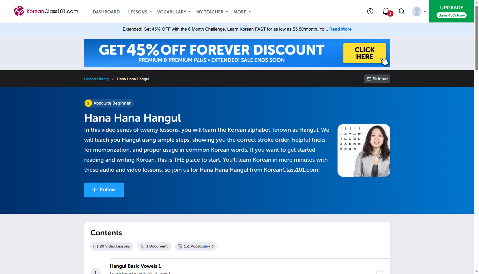 The Hana Hana Hangul series on KoreanClass101, teaching the Korean alphabet with stroke order