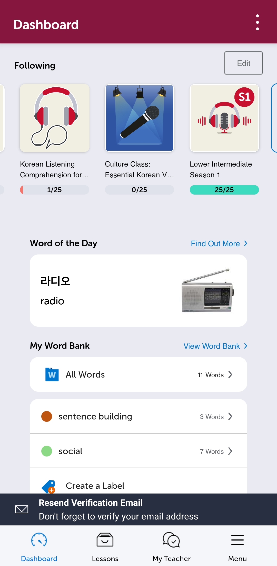 KoreanClass101 home screen on the Innovative Language mobile app