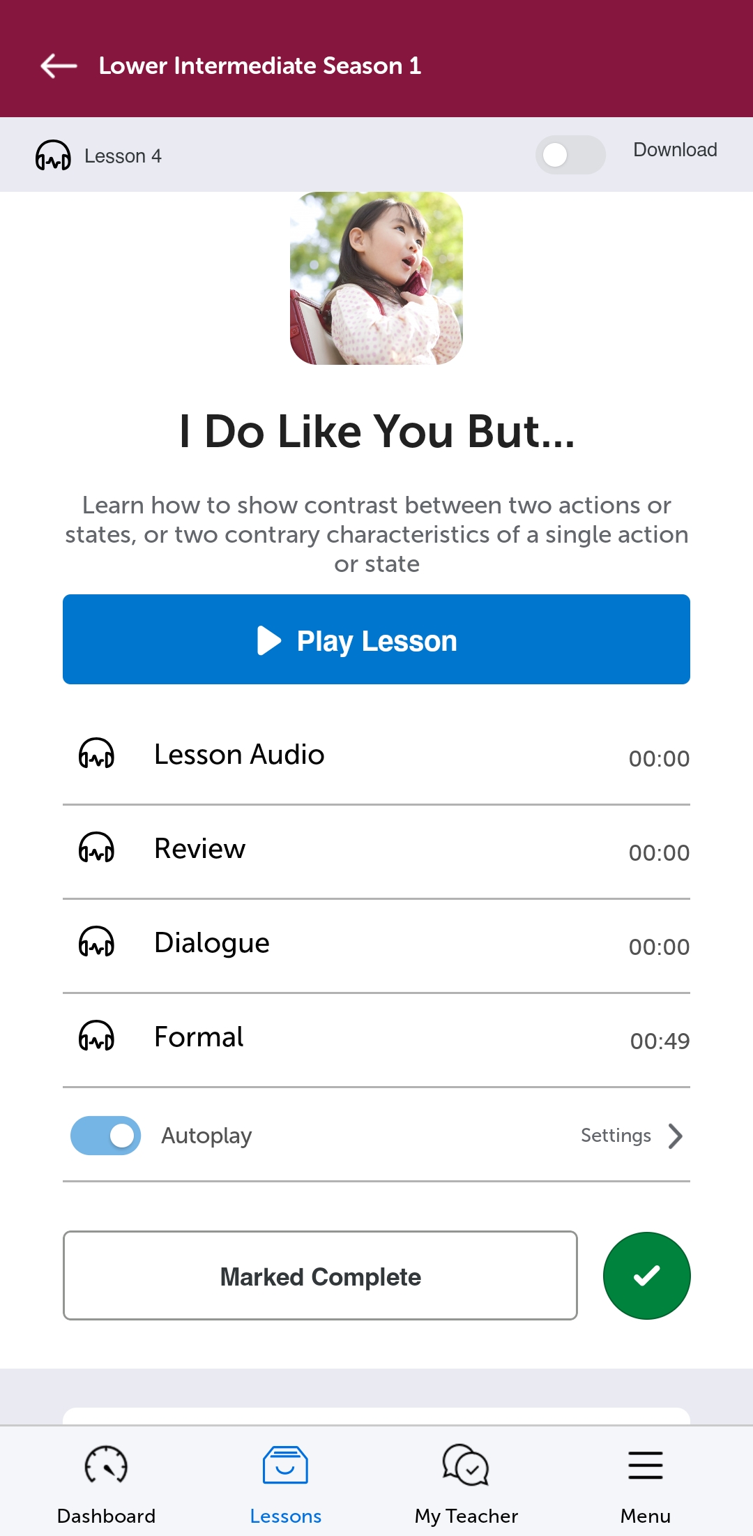 A KoreanClass101 lesson open in the mobile app