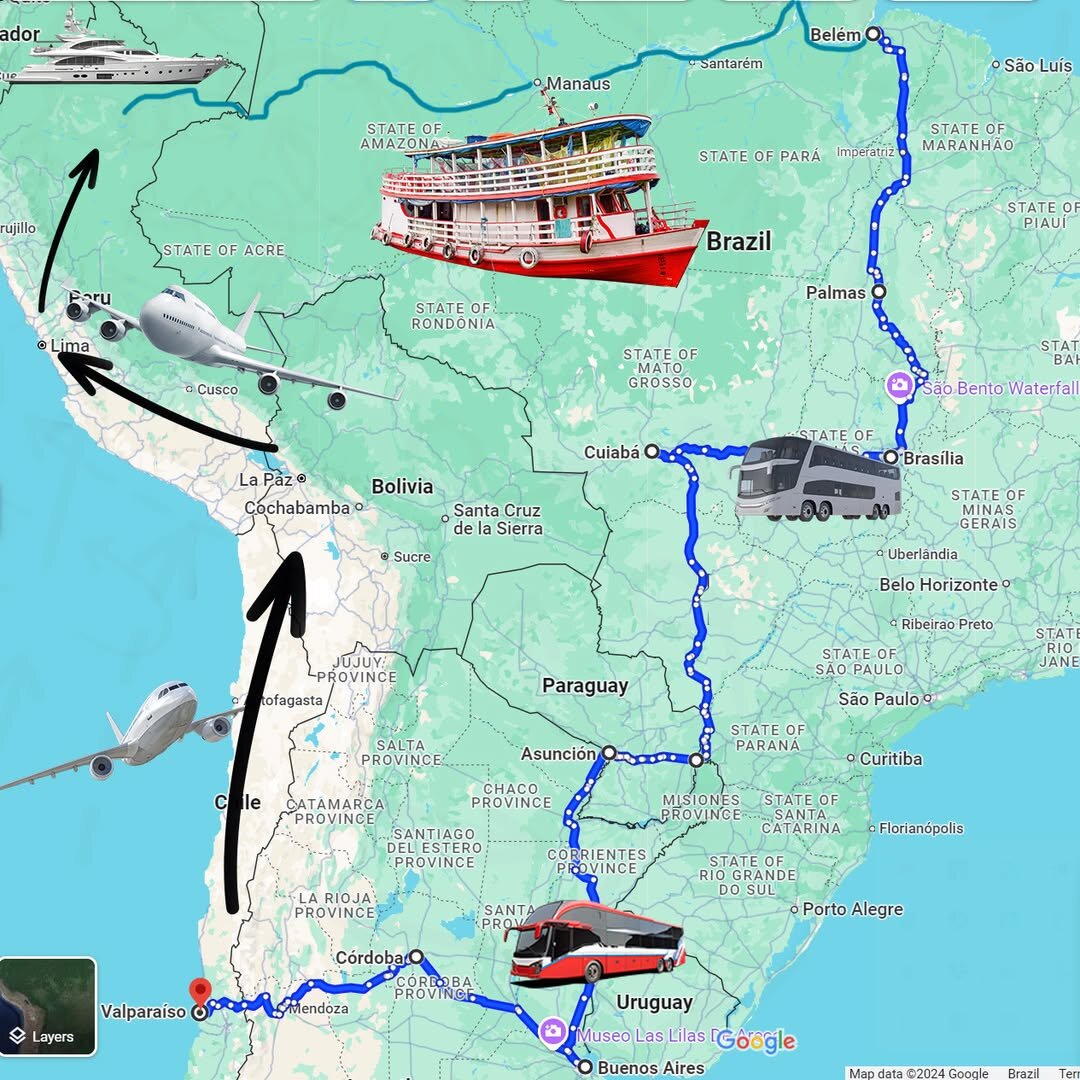 Map of South America showing Benny's overland route through Brazil by bus and riverboat