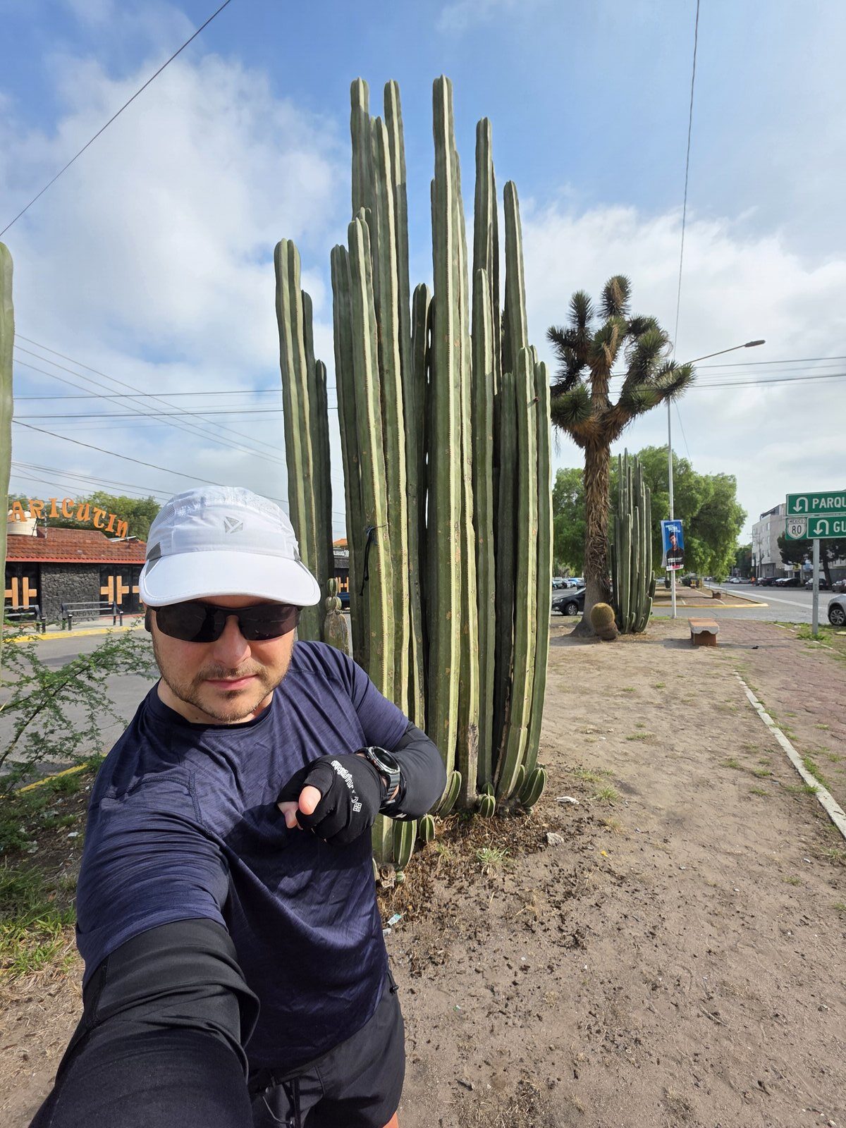 Benny on a morning run taking a selfie beside tall cacti in Mexico