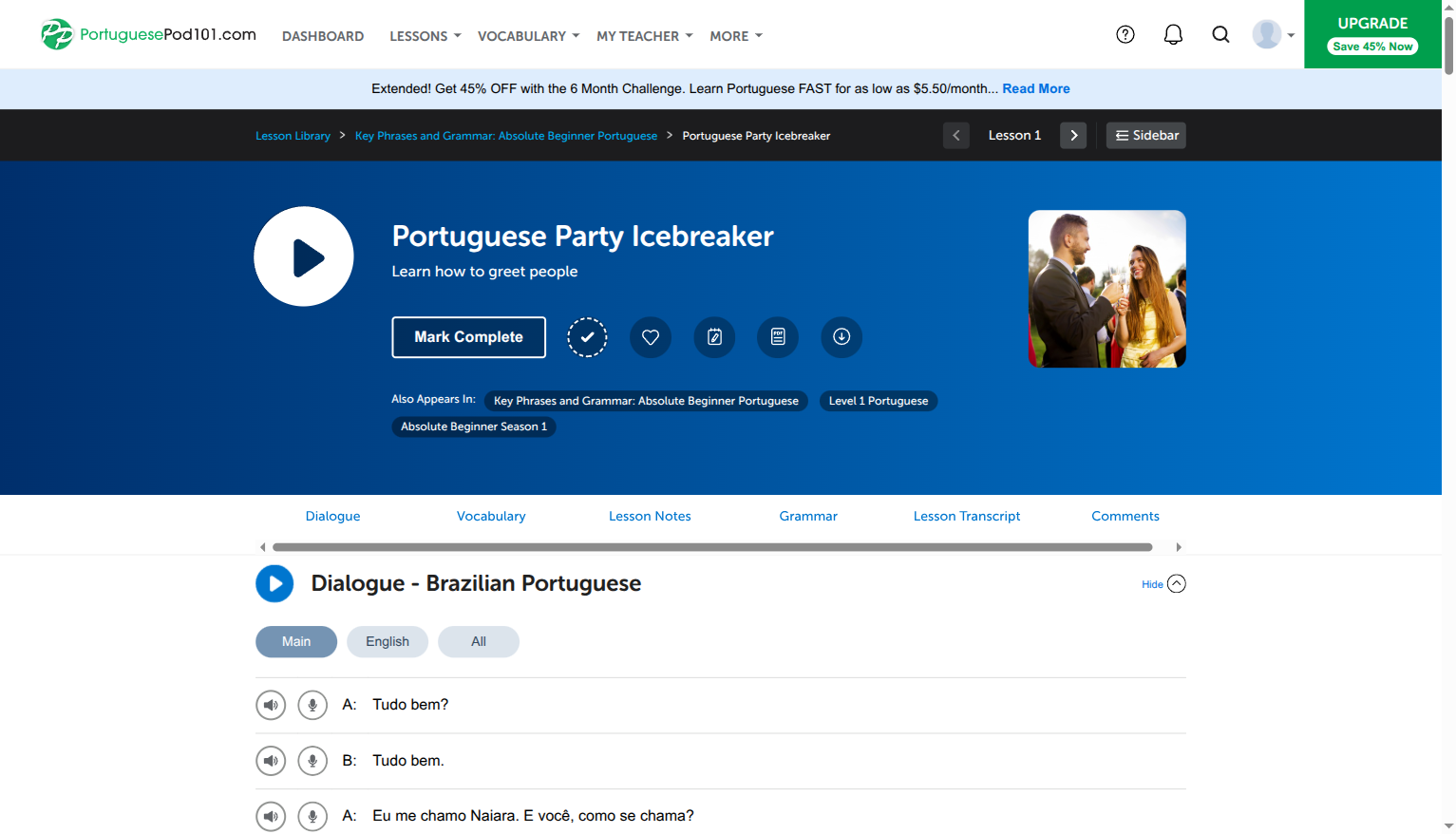 Inside a PortuguesePod101 lesson: a Brazilian Portuguese dialogue with line-by-line audio and the lesson tabs