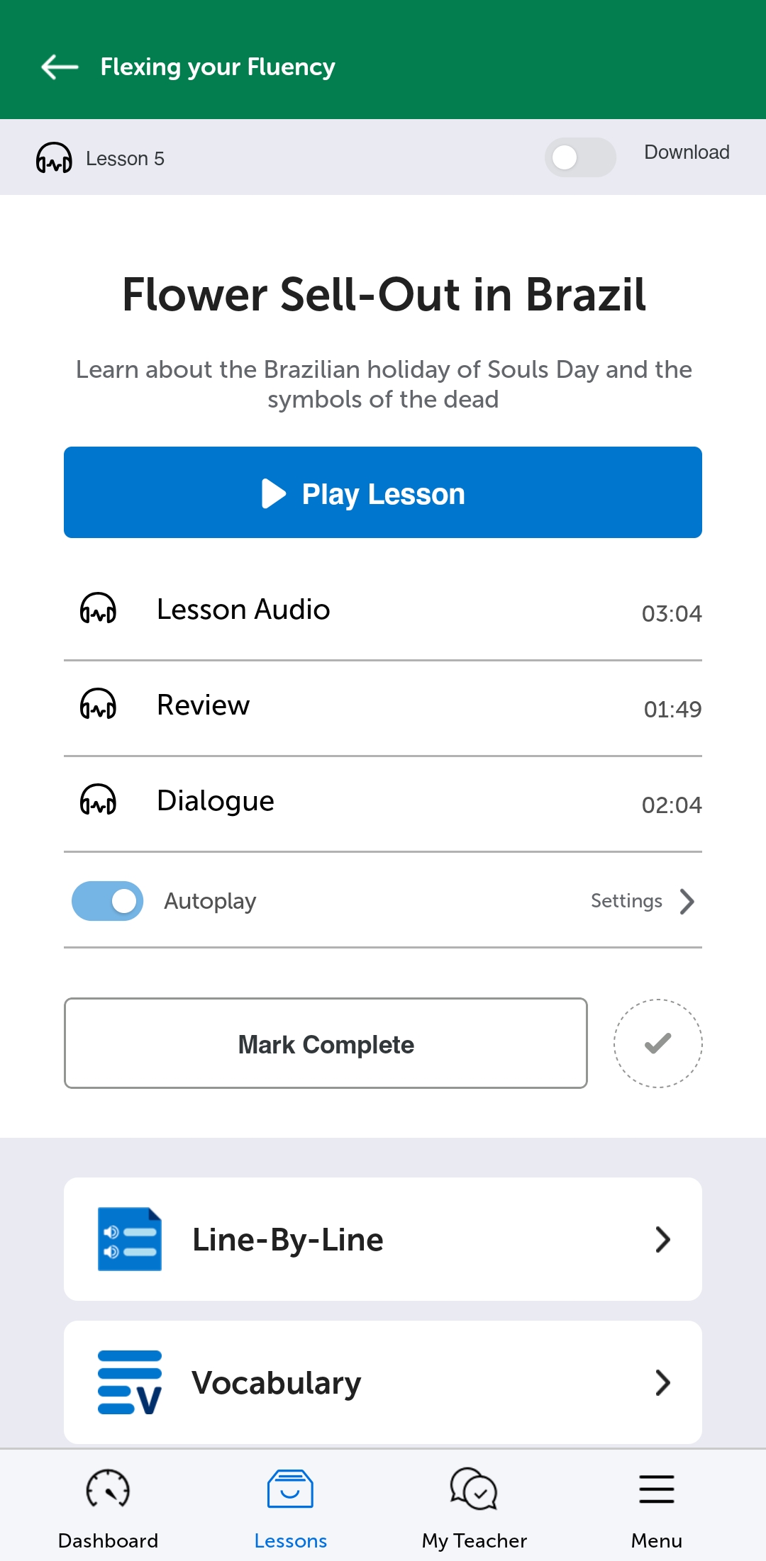 A PortuguesePod101 lesson open in the mobile app