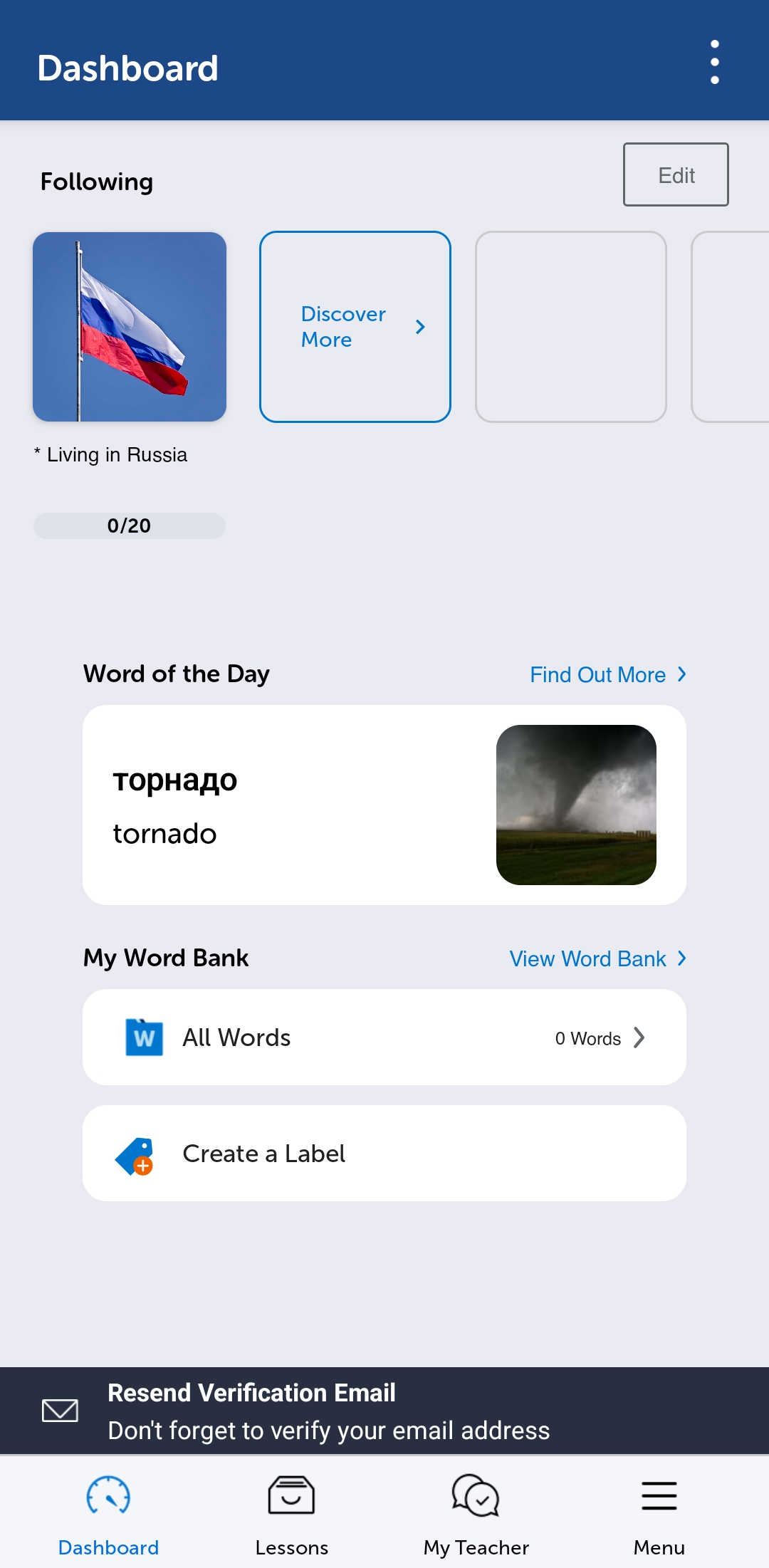 RussianPod101 home screen on the Innovative Language mobile app