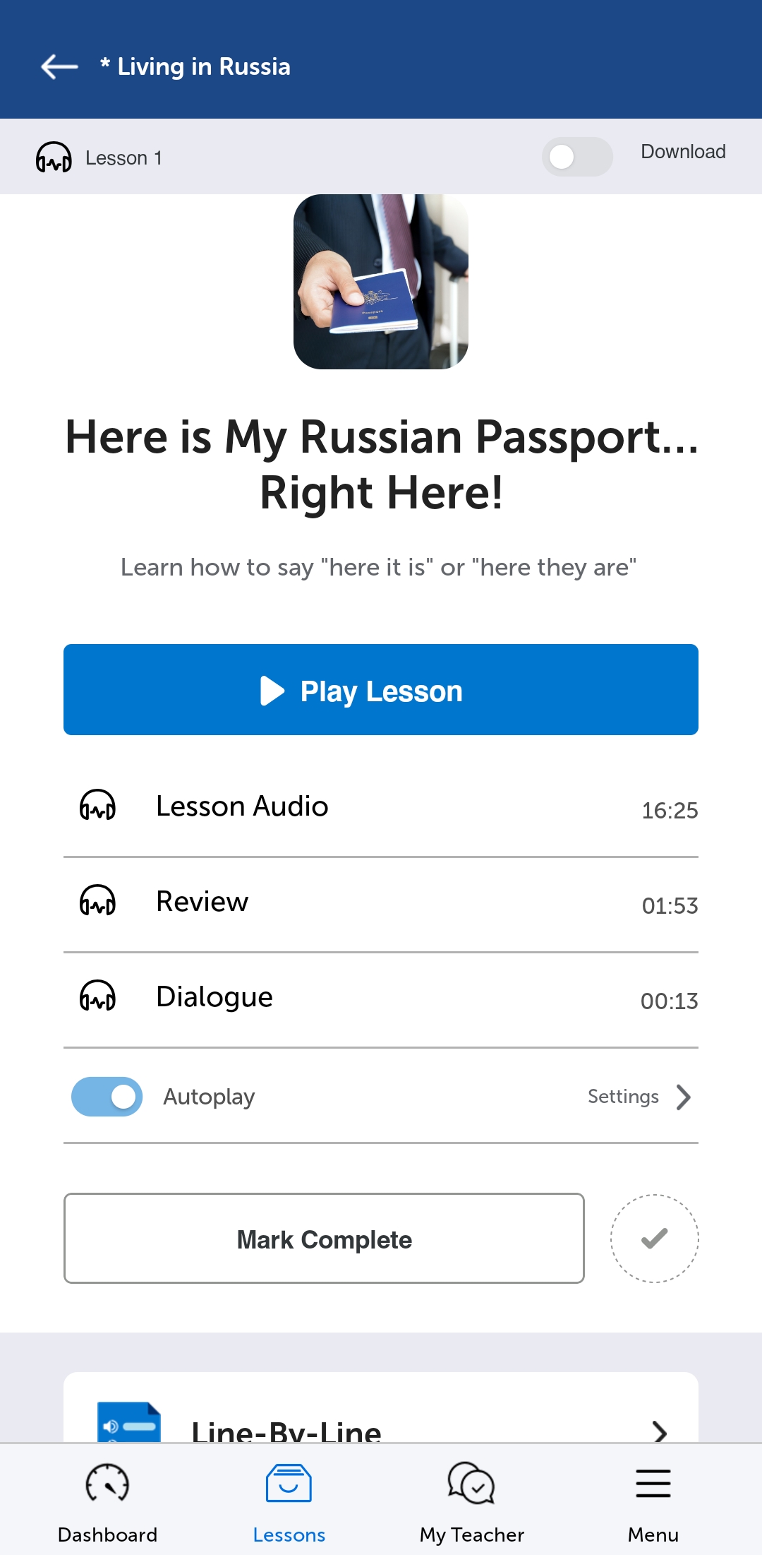 A RussianPod101 lesson open in the mobile app