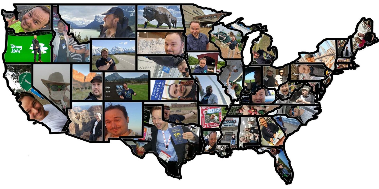 Map of the United States filled with photos from Benny's visits to all 48 contiguous states