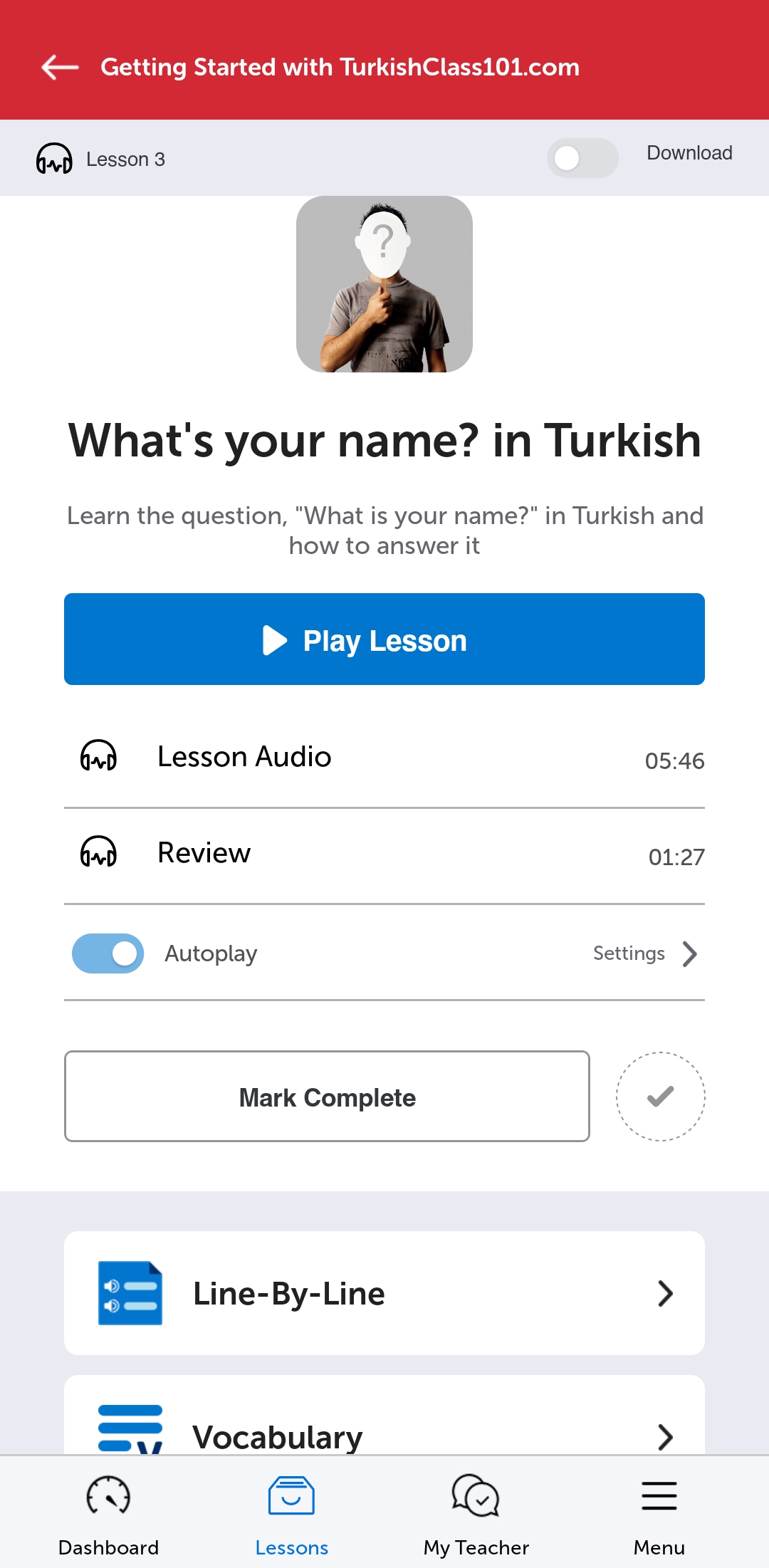 TurkishClass101 mobile app lesson