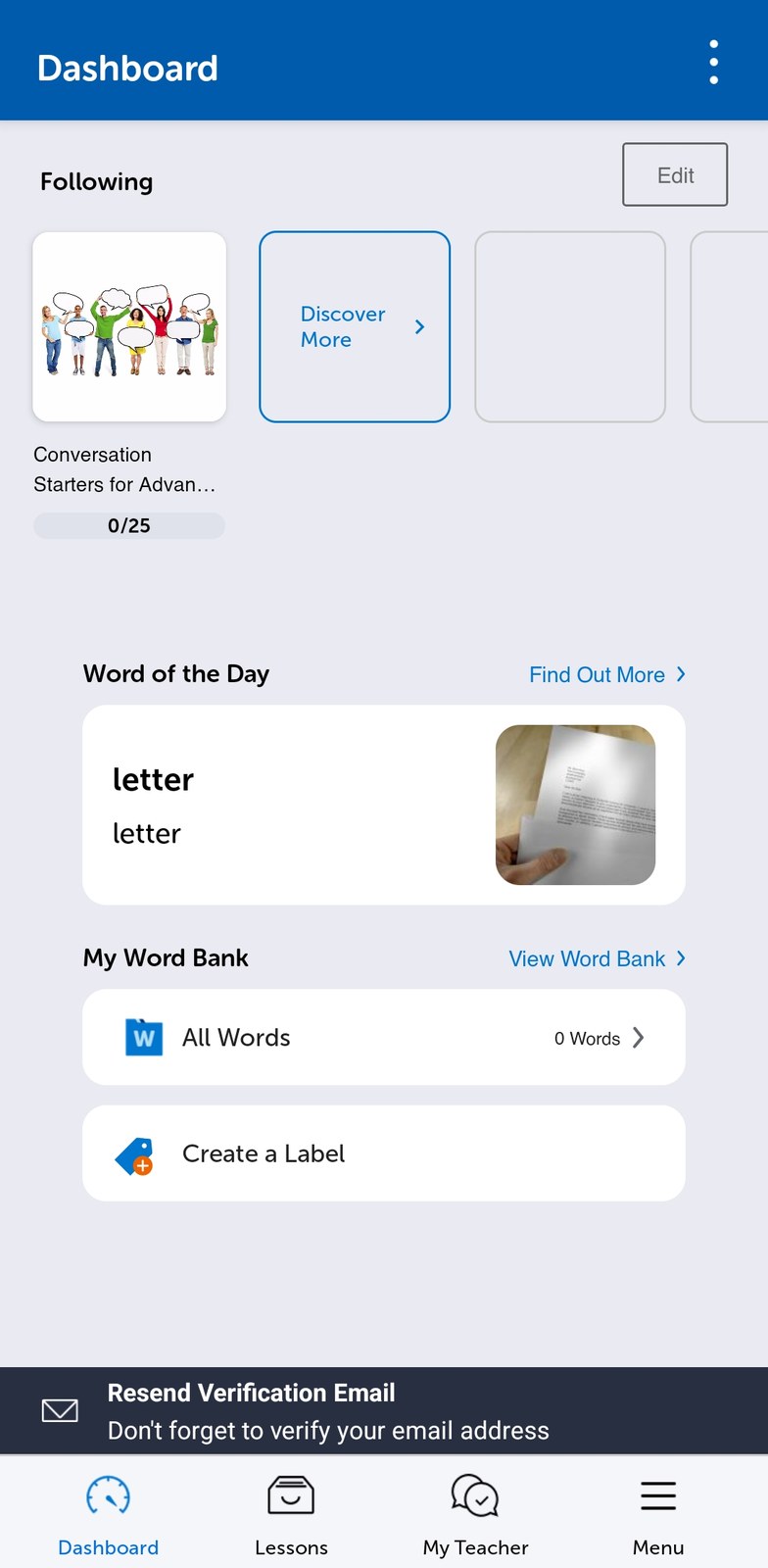 The EnglishClass101 app dashboard, showing Word of the Day and the word bank