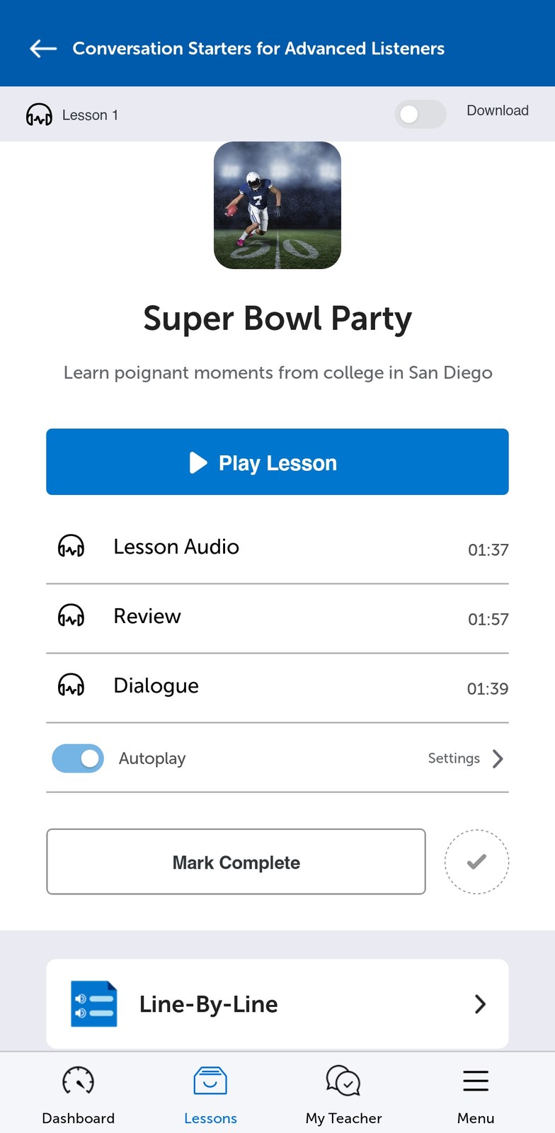 An EnglishClass101 lesson open in the mobile app with audio, review and dialogue tracks