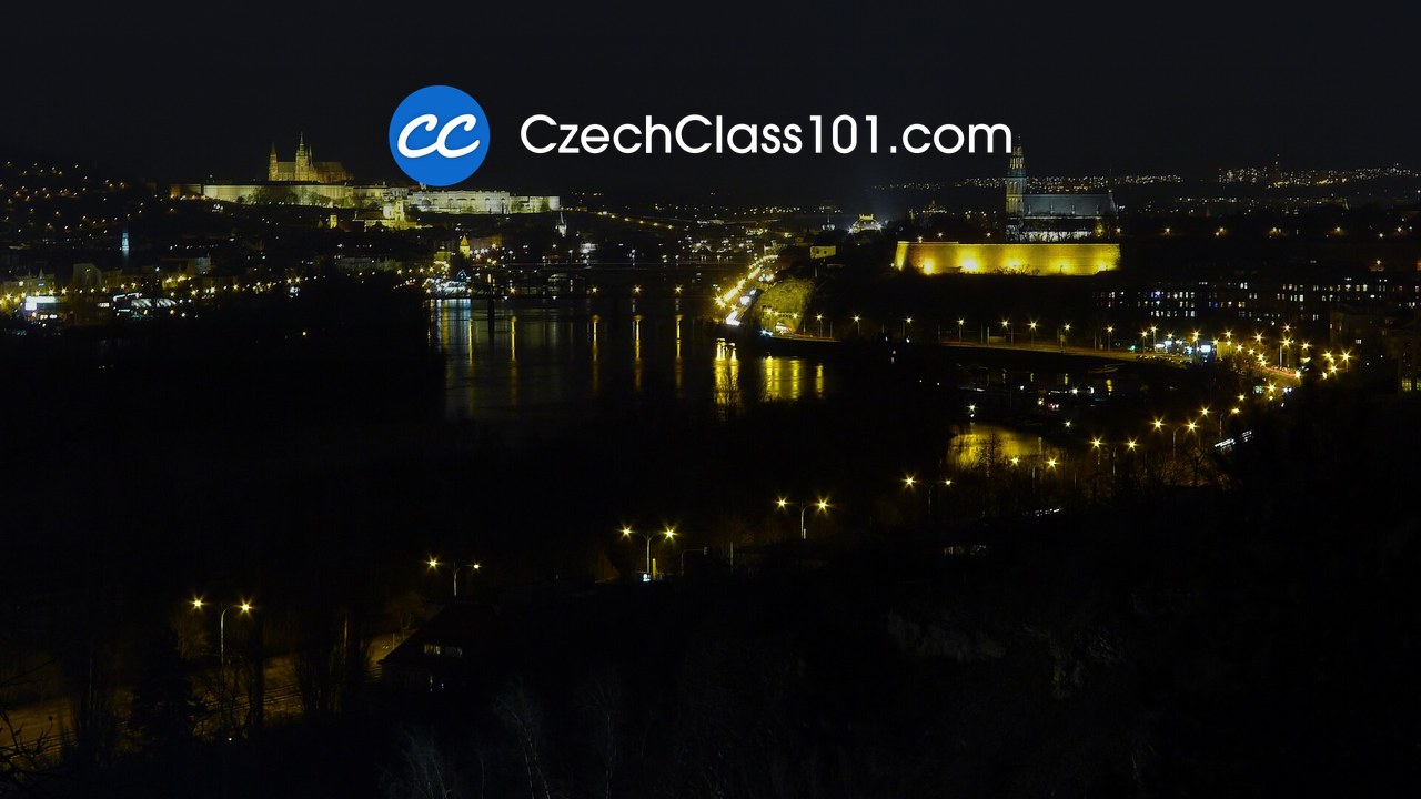 CzechClass101 logo over Prague Castle at dusk