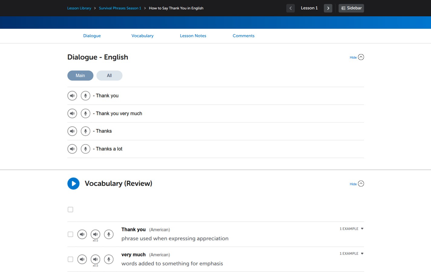 An EnglishClass101 lesson dialogue with line-by-line audio and voice-recorder buttons, plus the vocabulary review