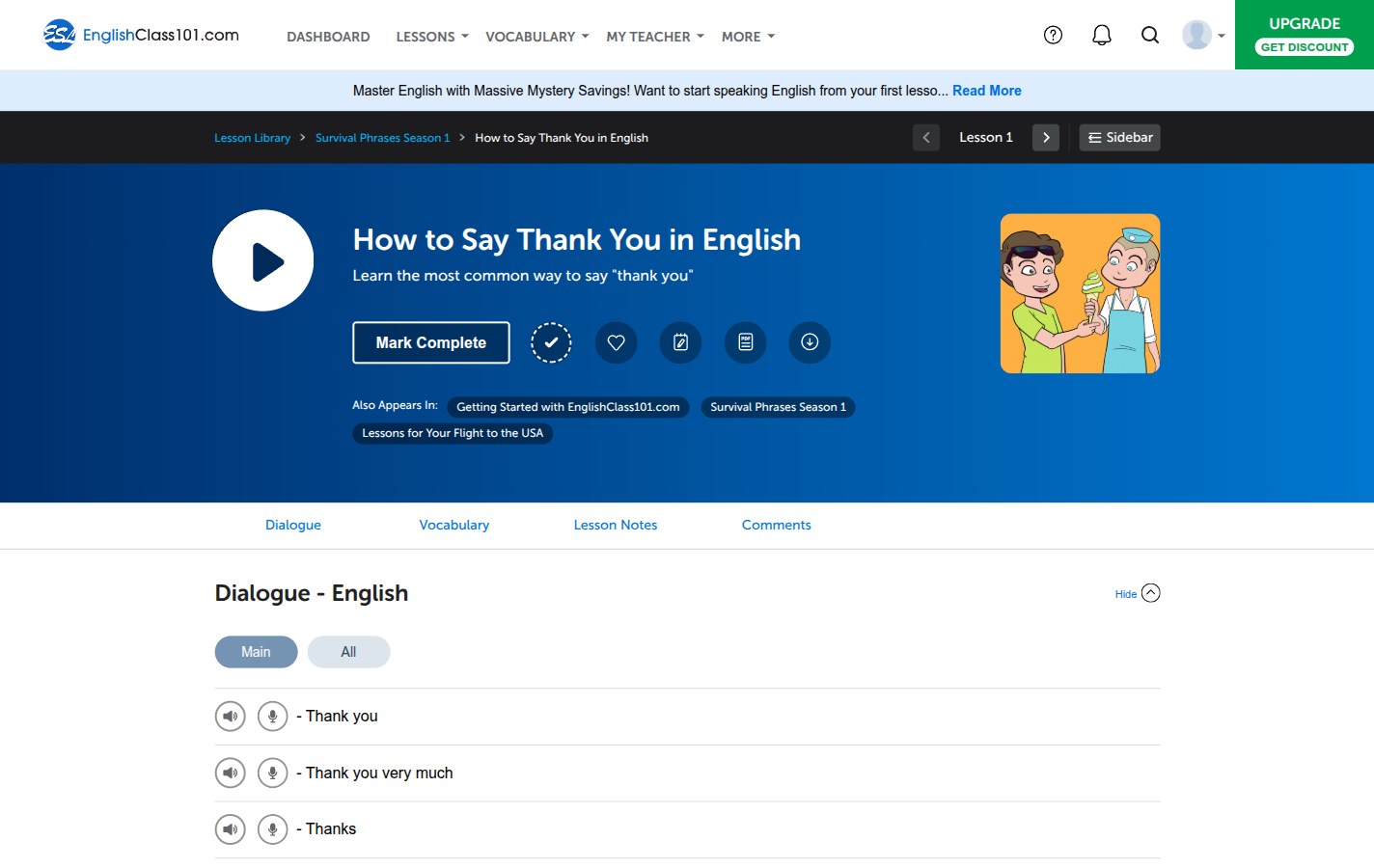 A full EnglishClass101 lesson page with the audio player, dialogue and Dialogue, Vocabulary and Lesson Notes tabs