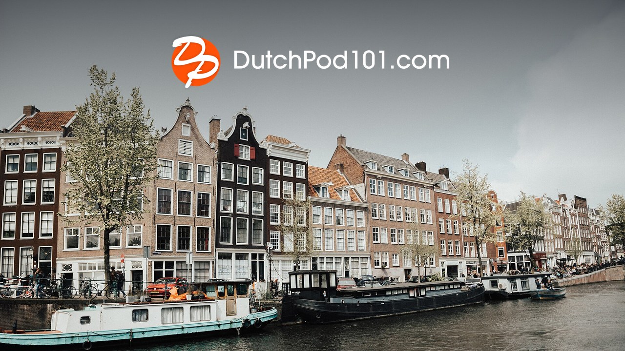 DutchPod101 logo over the canal houses of Amsterdam