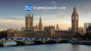 EnglishClass101 logo over the Houses of Parliament and Big Ben in London