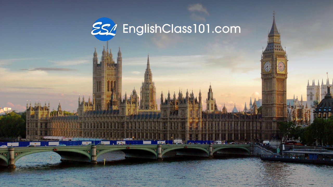 EnglishClass101 logo over the Houses of Parliament and Big Ben in London