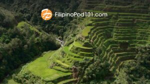 FilipinoPod101 logo over the Banaue rice terraces in the Philippines