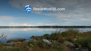 FinnishPod101 logo over a Finnish lake landscape
