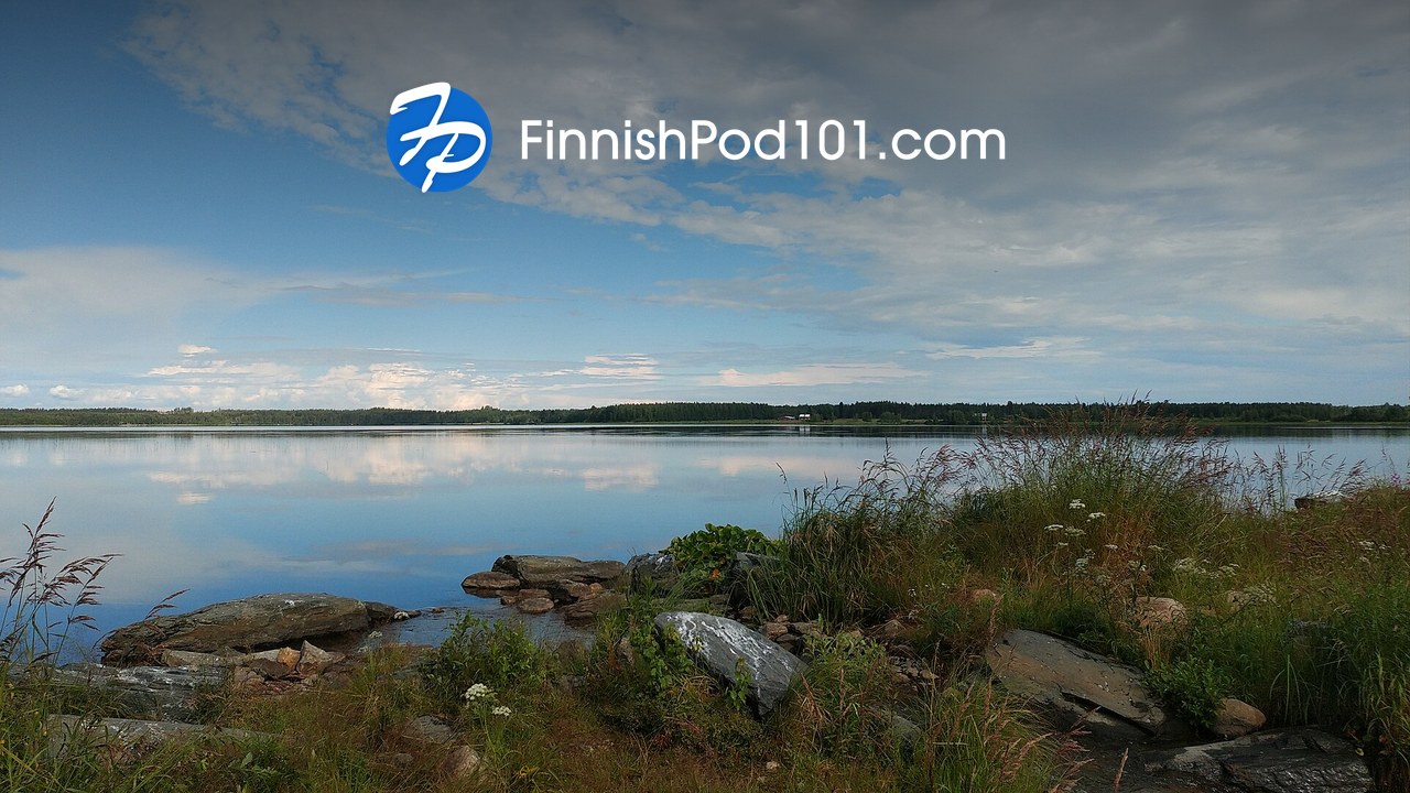 FinnishPod101 logo over a Finnish lake landscape