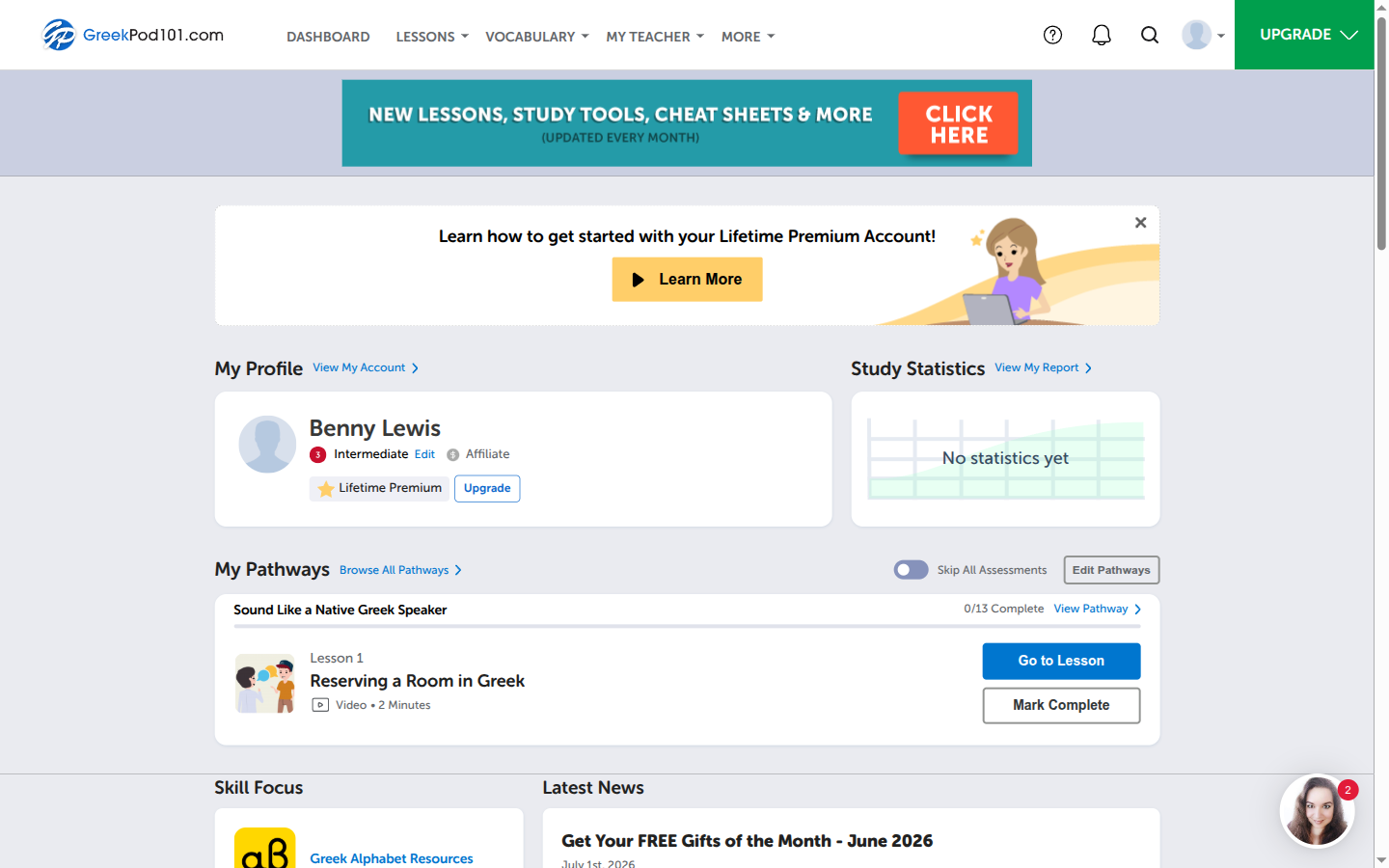 The GreekPod101 dashboard, showing your level, the guided learning pathway and study stats.