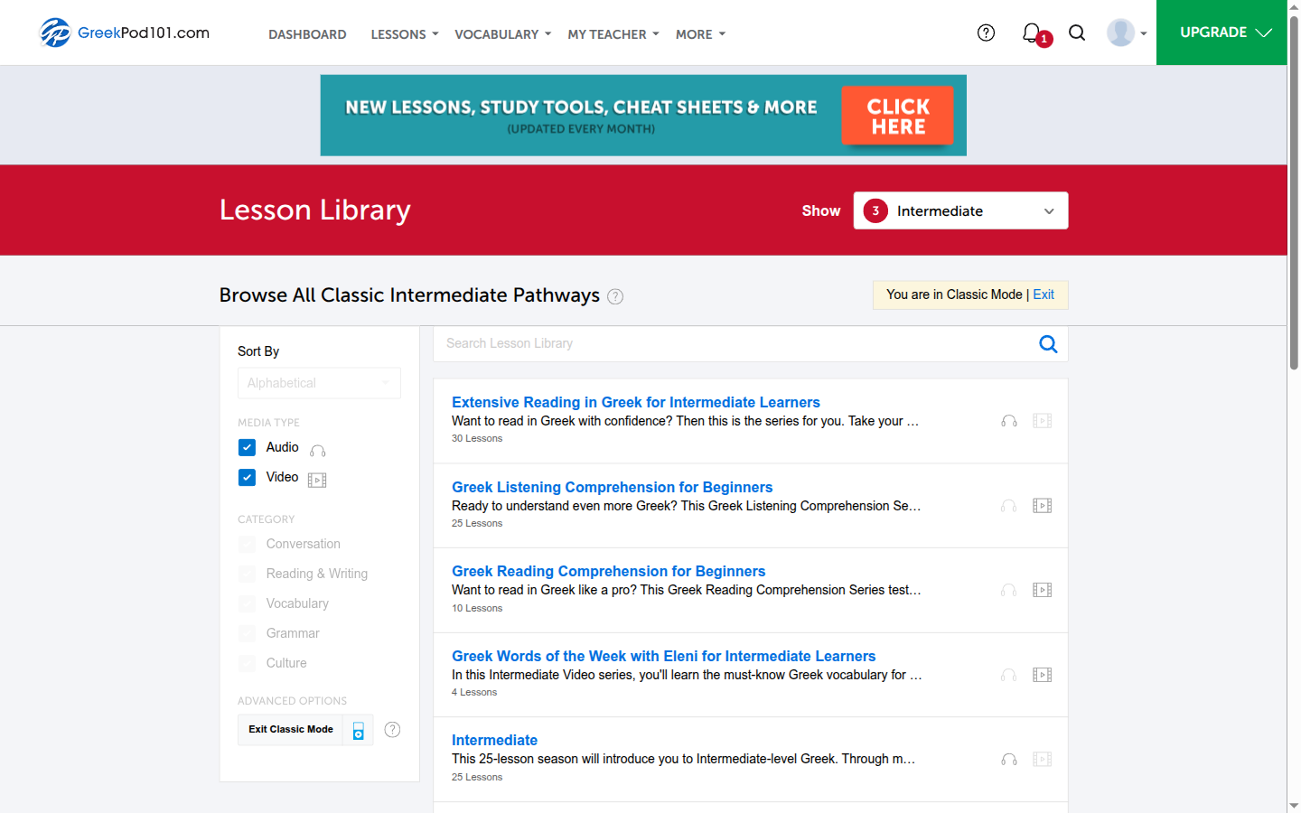 The GreekPod101 lesson library, with its pathways and series grouped by level.