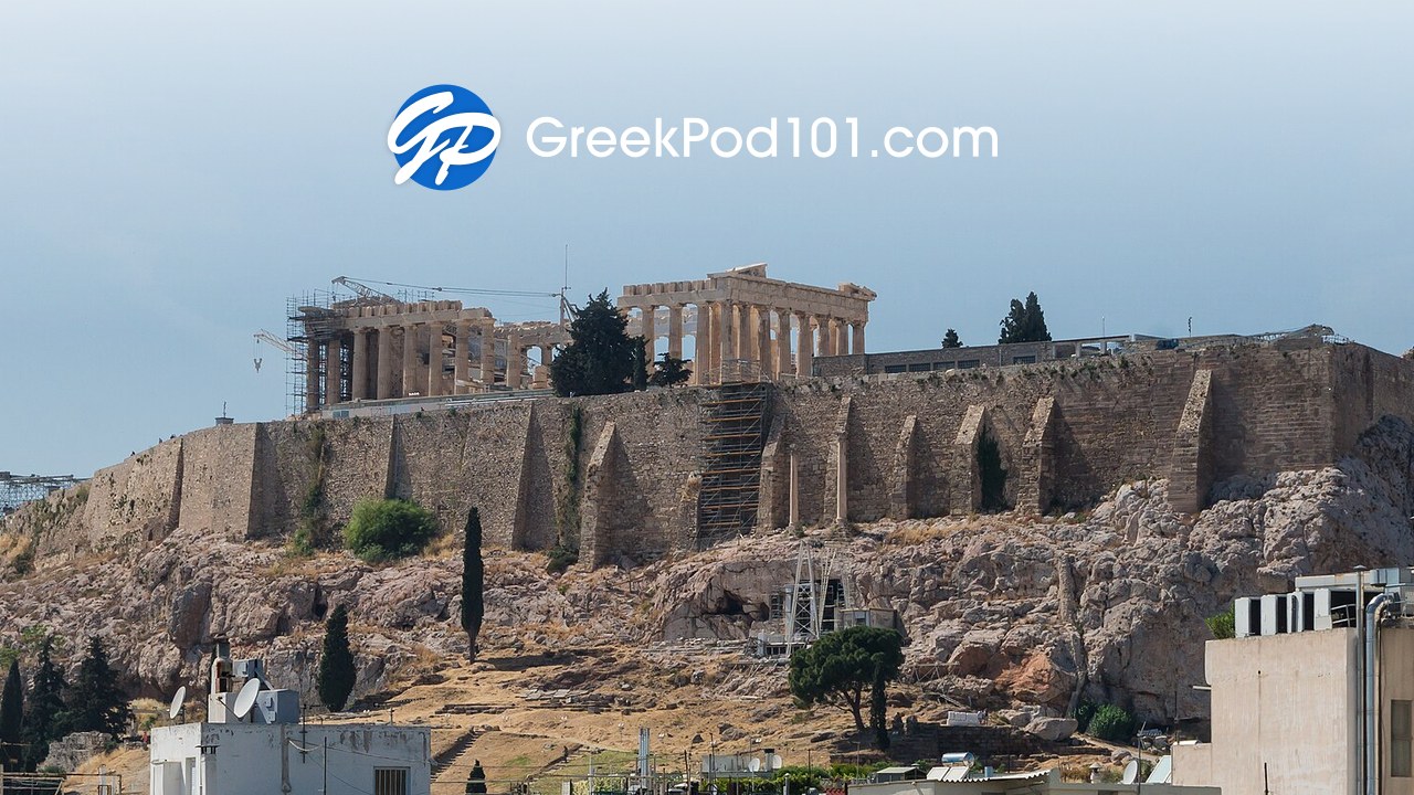 GreekPod101 logo over the Parthenon on the Acropolis in Athens