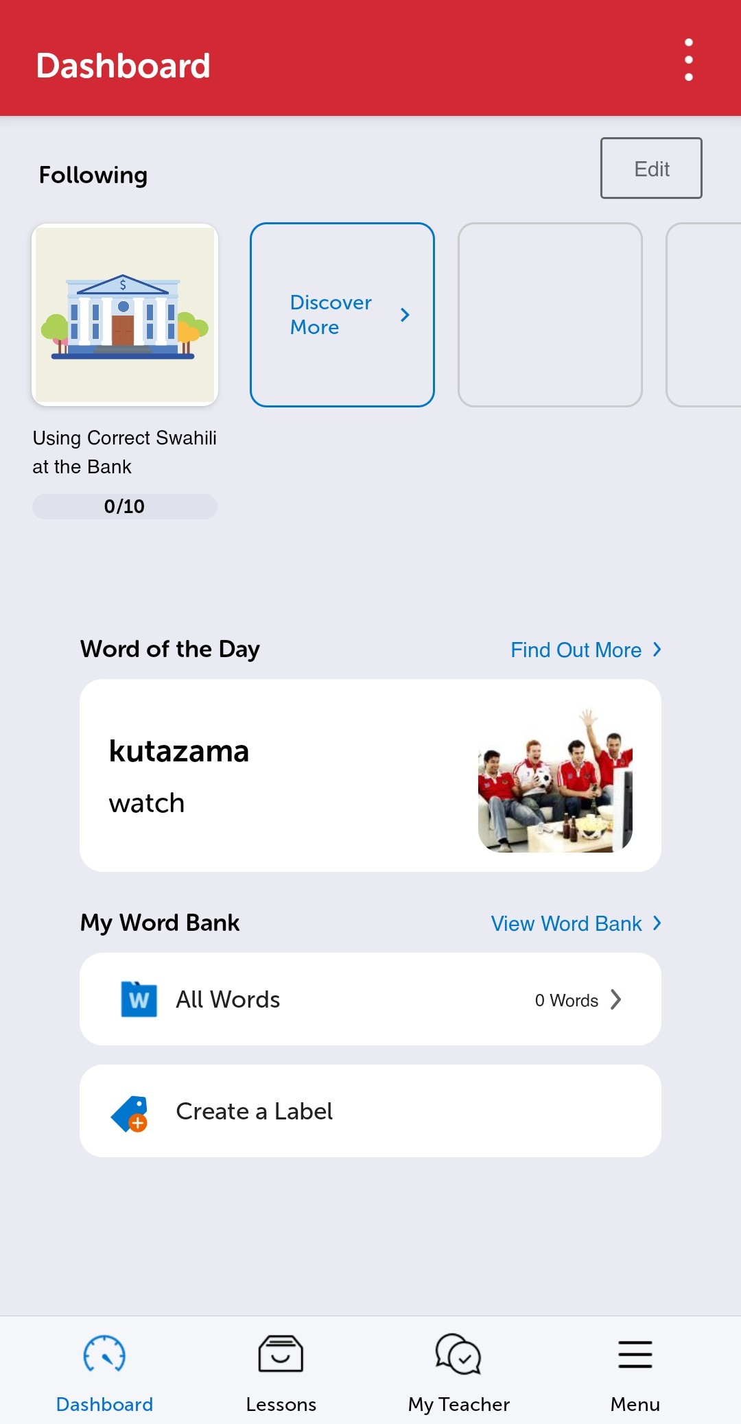 SwahiliPod101 mobile app home screen