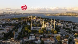 TurkishClass101 logo over the Istanbul skyline with Hagia Sophia and the Blue Mosque