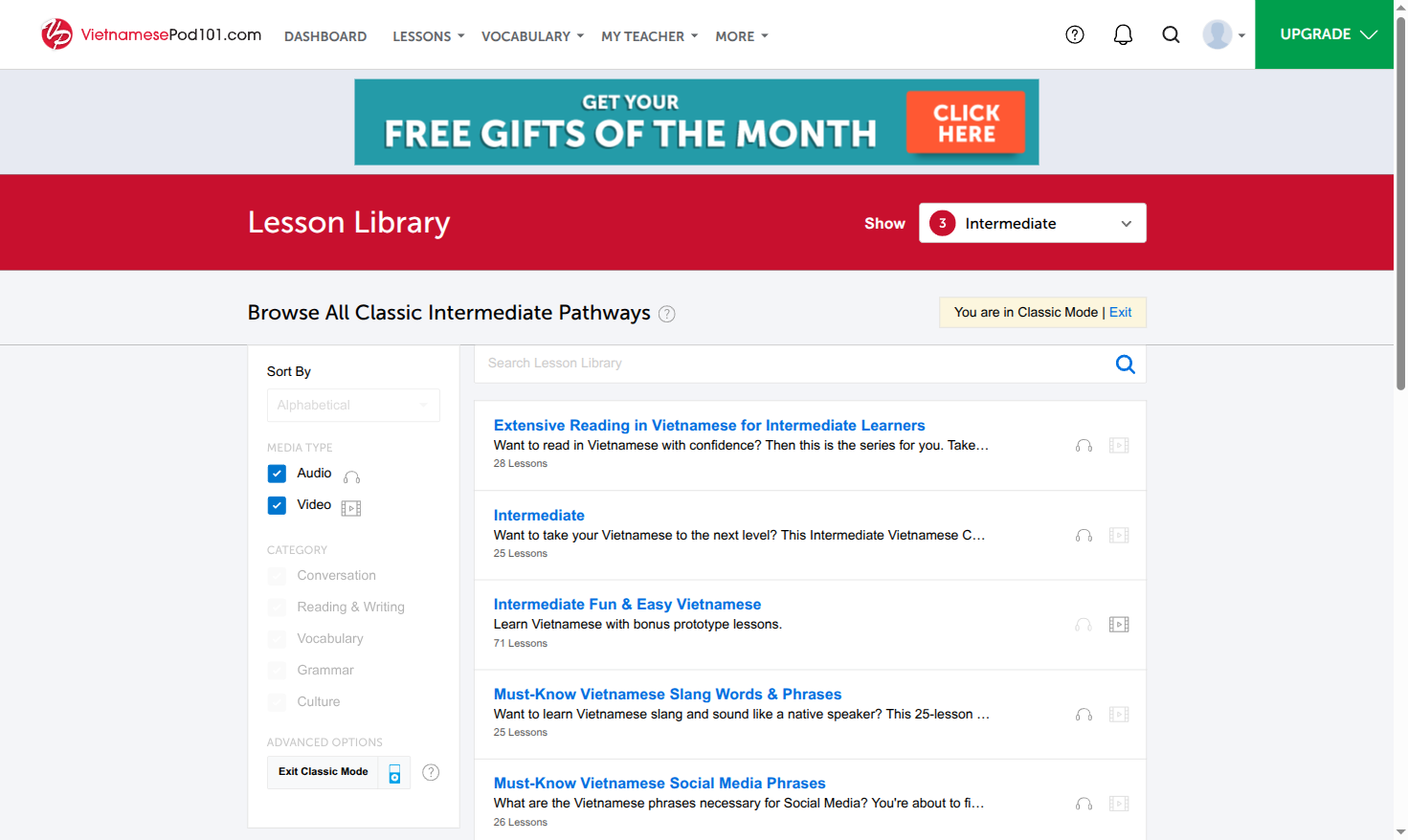 The VietnamesePod101 lesson library, with its pathways and series grouped by level.
