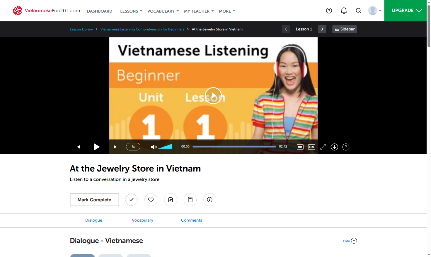 Inside a VietnamesePod101 lesson: the audio and video player, with the dialogue, vocabulary and lesson notes below.
