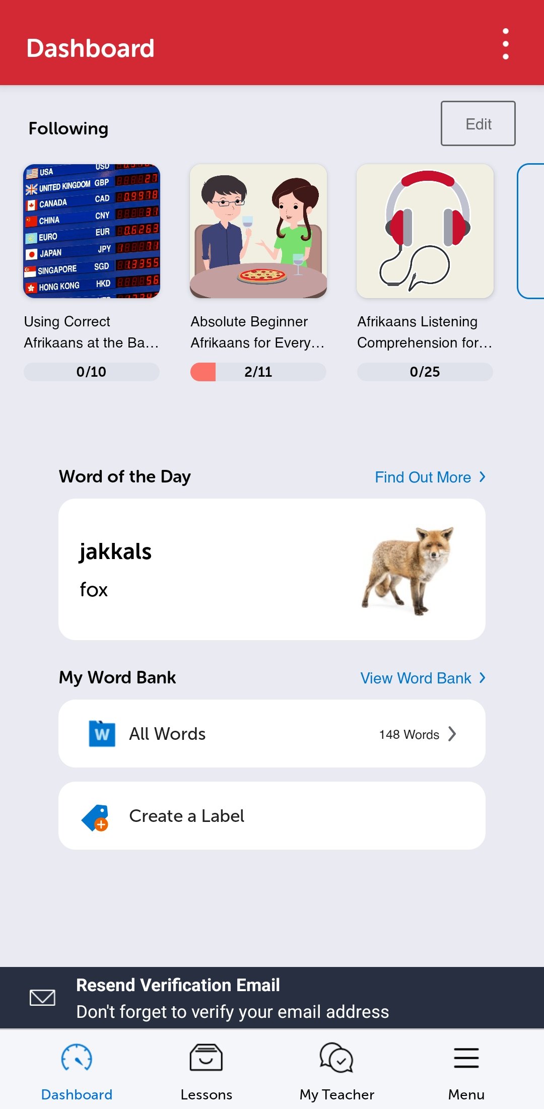 The AfrikaansPod101 mobile app dashboard