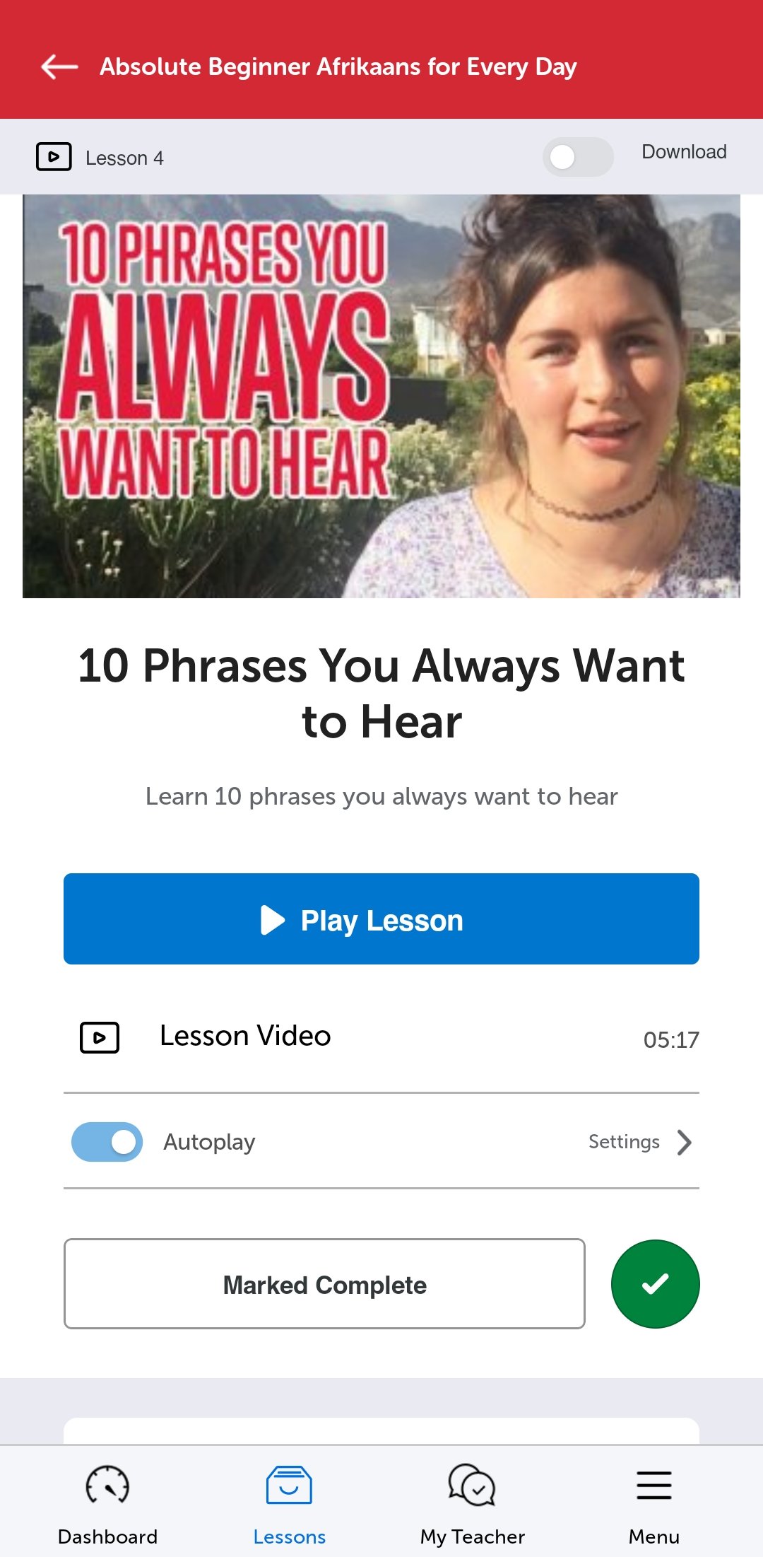 A AfrikaansPod101 lesson in the mobile app
