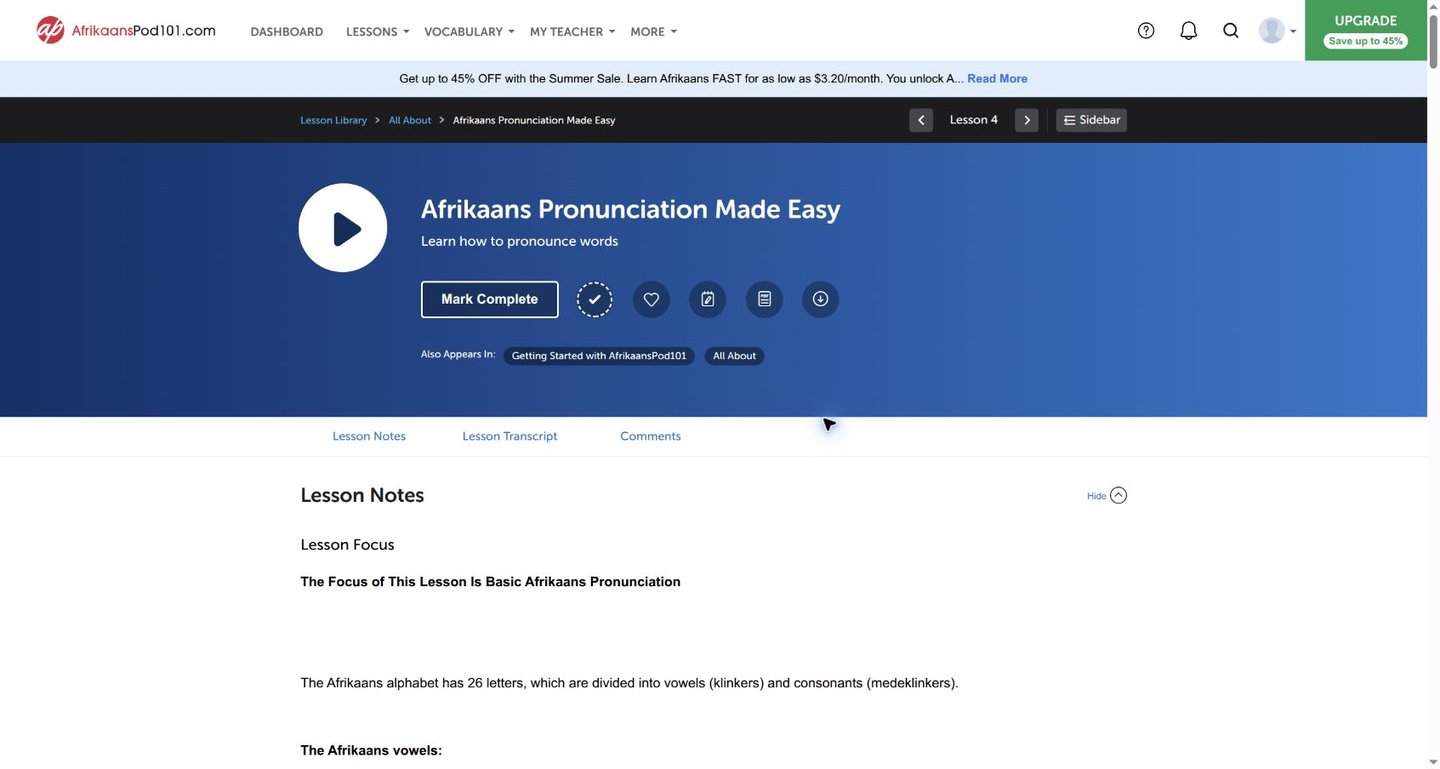 A AfrikaansPod101 pronunciation lesson with audio, transcript and lesson notes