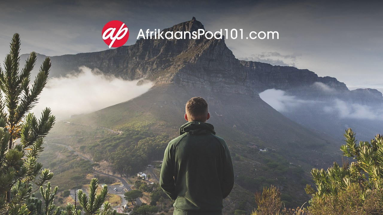 AfrikaansPod101 logo over Table Mountain in Cape Town, South Africa