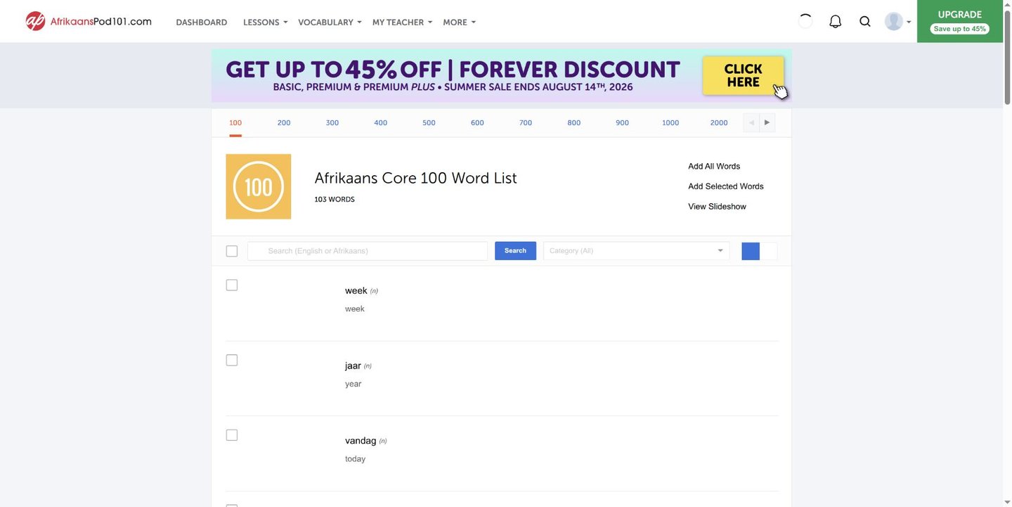 The AfrikaansPod101 Core 100 Word List with audio