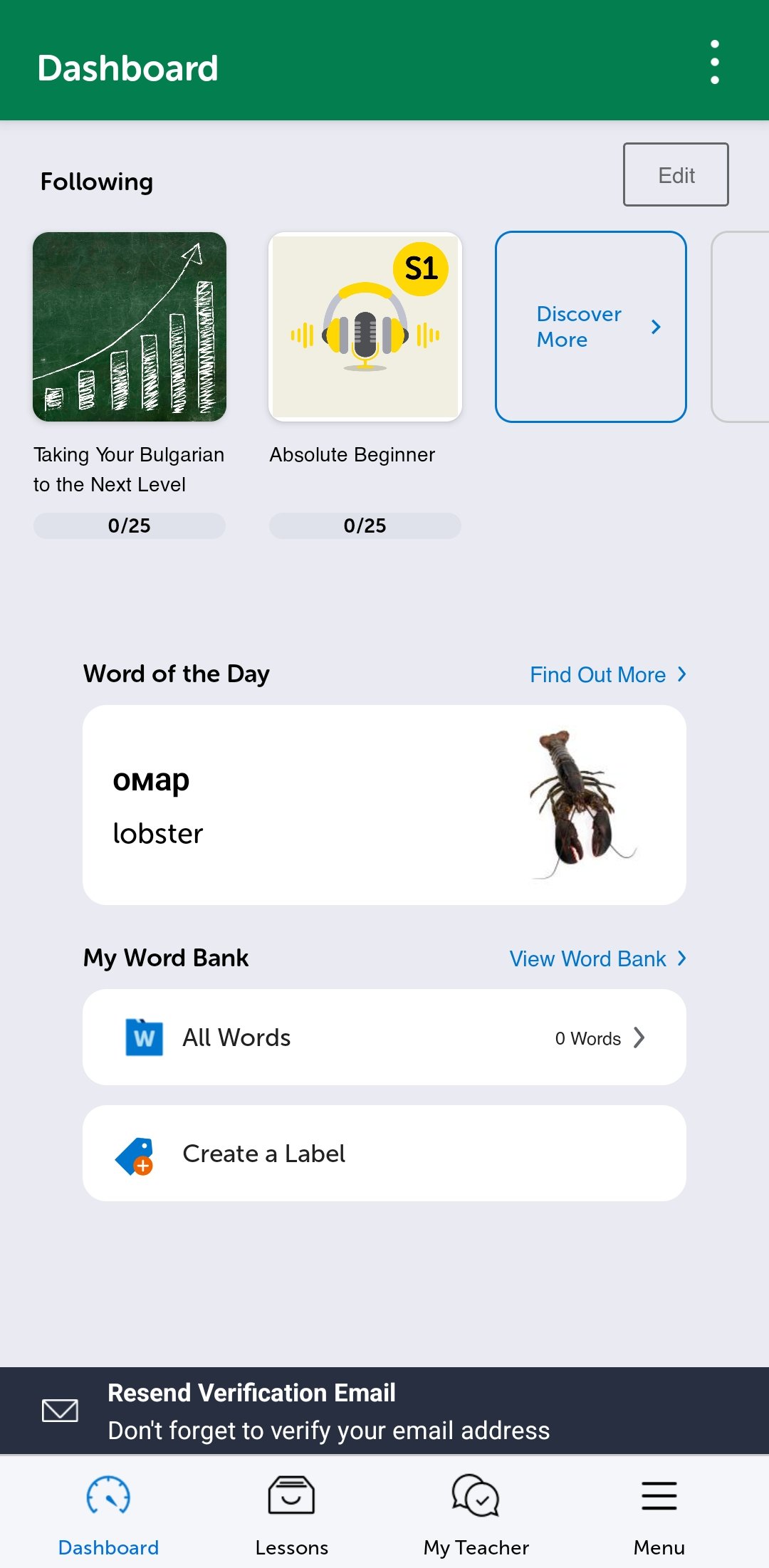 The BulgarianPod101 mobile app dashboard