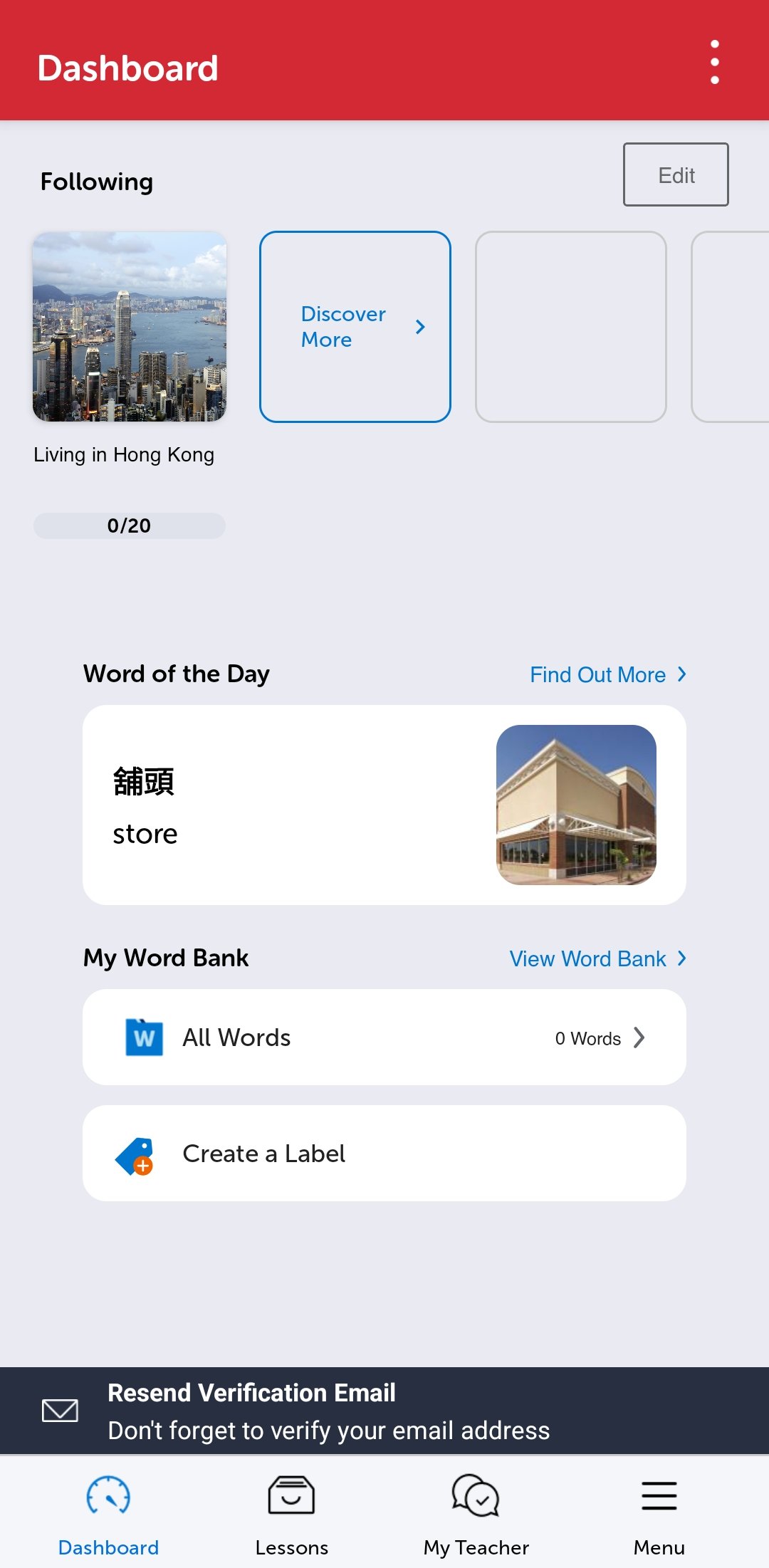 The CantoneseClass101 mobile app home screen