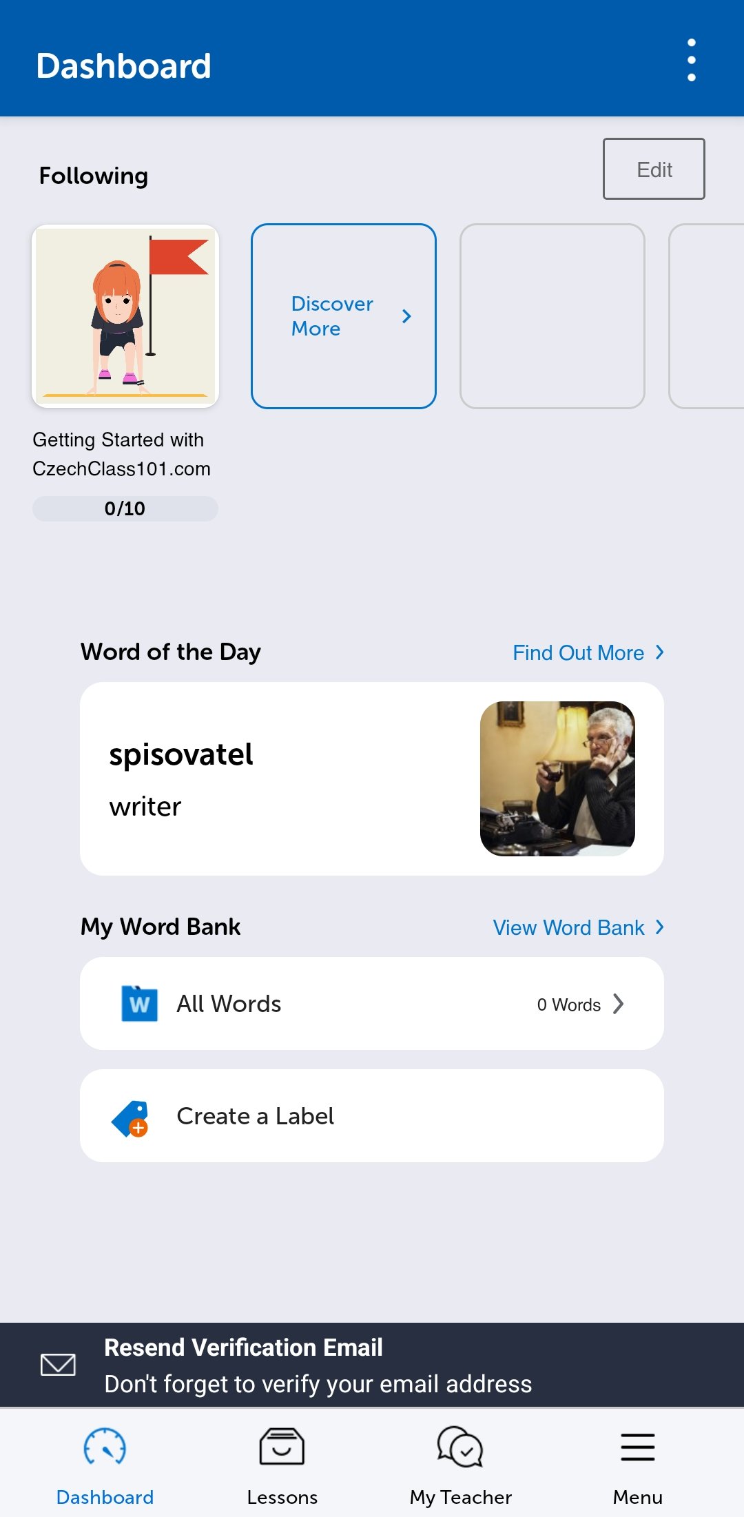 The CzechClass101 mobile app home screen