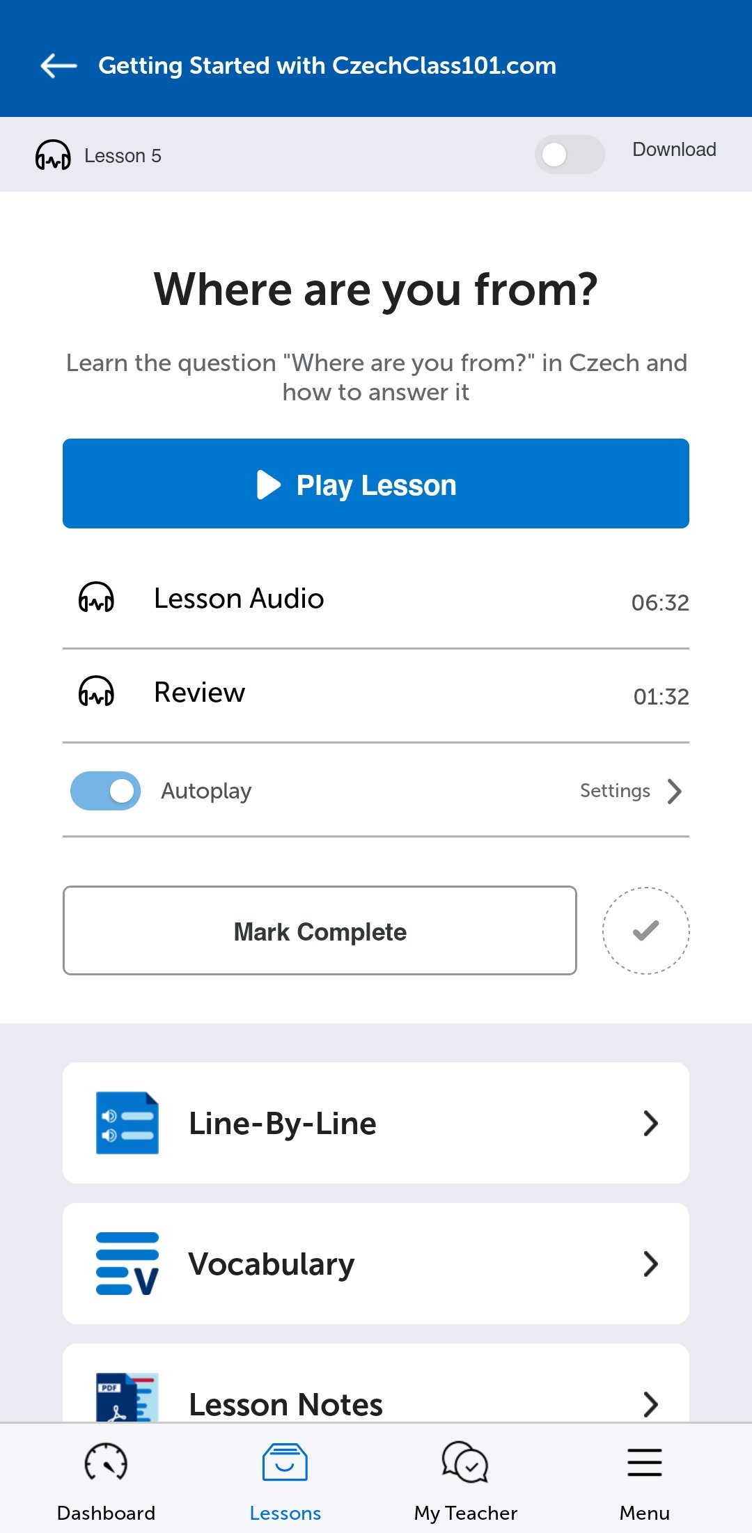 A CzechClass101 lesson in the mobile app