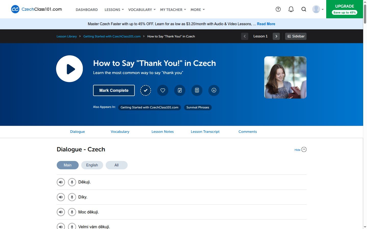 A CzechClass101 lesson with the dialogue and line-by-line audio