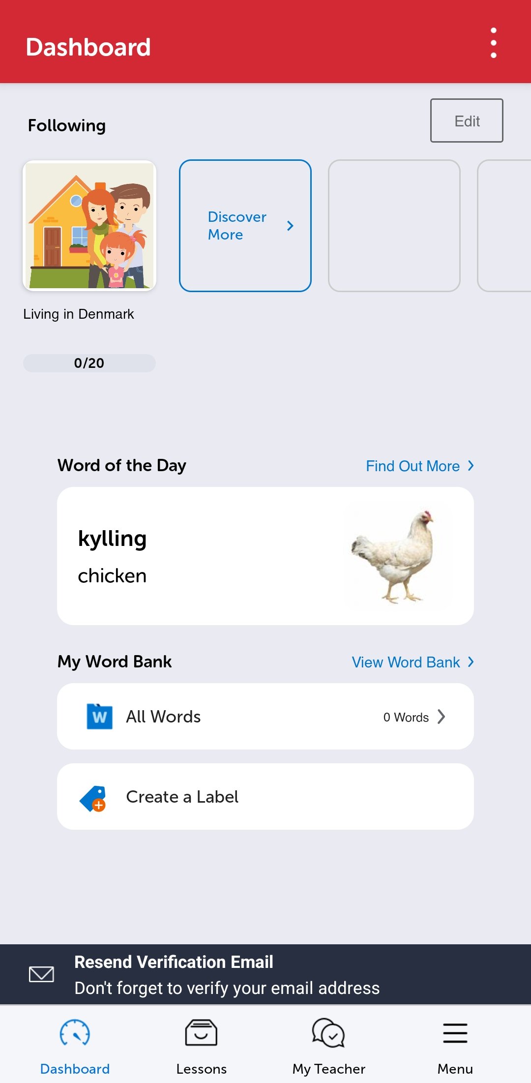The DanishClass101 mobile app home screen